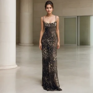Elegant Strap Design Slim Long Dress Fashion Trend Leopard Print Swing Collar Sleeveless Slim Shoulder Straps Back-length Dress