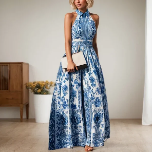 High Street Retro Blue Printed Women's Dress Fashion Floral Printed Turn-down Collar Sleeveless High Waist Slim Fit A-line Dress