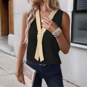 High Street Solid Color Sleeveless Blouses Vintage V-Neck Contrast Color Tie Sleeveless Shirt For Women Elegant Blouse Tees