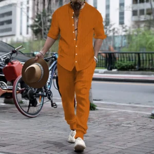 Europe and the United States autumn explosive cotton blend striped collar shirt and pants trend casual sports suit new