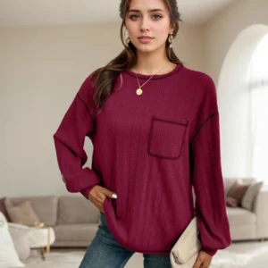 T-Shirt For Women Clothing Casual Solid Color Patchwork Pocket Round Neck Long Sleeved T-shirts Fashion Lady Knitwears Blouses