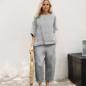 Casual Sport Clothes Two Piece Set For Women Fashion Cotton Linen Rround Neck Quarter Sleeves Pullover Tops Long Pants Suits
