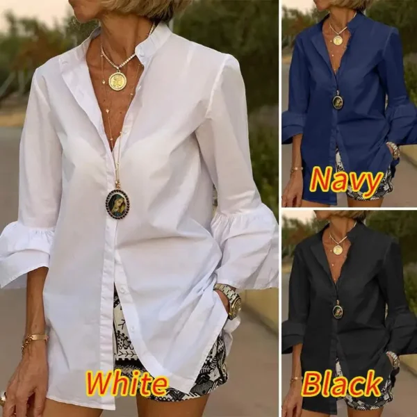 Temperament Office Solid Color Lapel Women Shirt Fashion Flare Long Sleeve Turn Down Collar V-Neck Single Breasted Elegant Shirt - Image 6