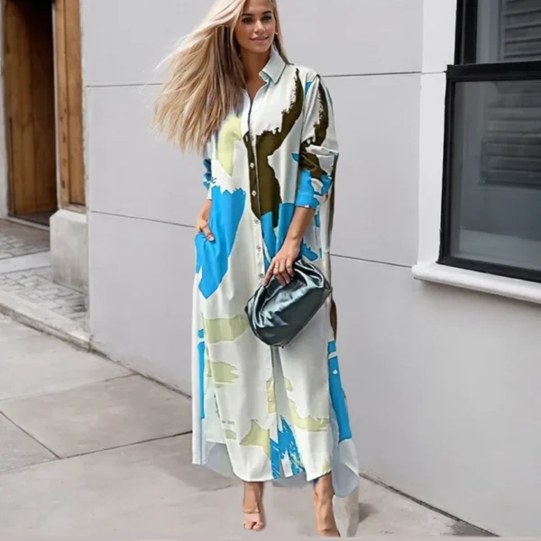 Summer New Womenes Turn-Down Collar Commuter Shirt Dresses Fashion Casual Single-Breasted Button Print Pocket Loose Dresses - Image 2