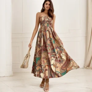 Beach Style Casual Strapless Long Dresses National Style Floral Print Sleeveless High Waist Elastic Strapless A-Line Dresses