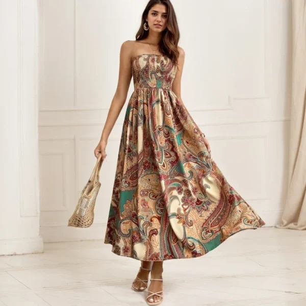 Beach Style Casual Strapless Long Dresses National Style Floral Print Sleeveless High Waist Elastic Strapless A-Line Dresses