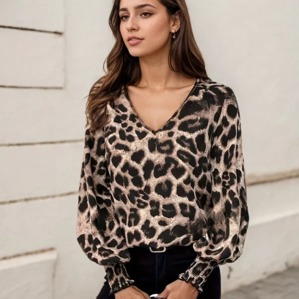 Vintage Leopard Print Tops For Women Fashion Commuting Casual Loose Lantern Sleeve Print V-neck Simple Fitting Slim Blouses - Image 3
