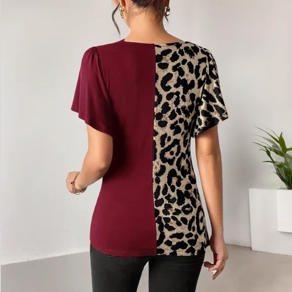 V-Neck T-Shirt For Women Summer New Irregular Stitching Pleats Waist Short Sleeve Top Fashion Streetwear Leopard 3D Print Blouse - Image 6