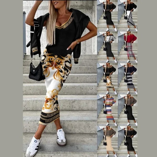 Two Piece Sets Women Printing V-Neck Sleeveless Bodycon Slim Dress & Batwing Long Sleeve Top Dress Suits Elegant Casual Female - Image 6