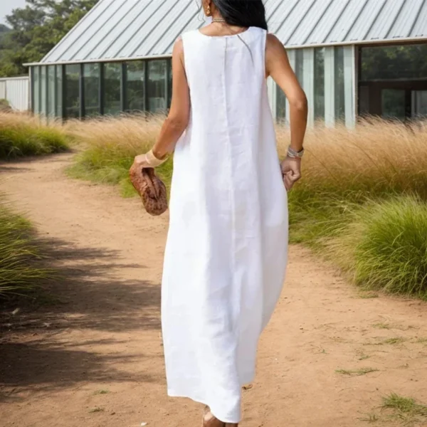 Spring Cotton Linen Long Dresses For WomenElegant Trendy Casual Solid Color V-neck Sleeveless Loose Pullover A-line Dresses - Image 3