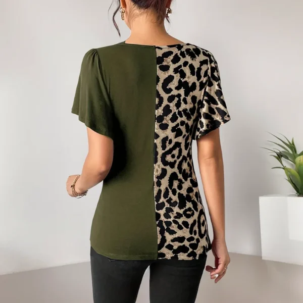 V-Neck T-Shirt For Women Summer New Irregular Stitching Pleats Waist Short Sleeve Top Fashion Streetwear Leopard 3D Print Blouse - Image 4