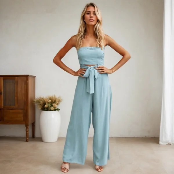 Bohemian Vacation Style Jumpsuit Casual Tube Top Strapless Sleeveless Backless Hollow Straps Jumpsuit Straight Pants For Women