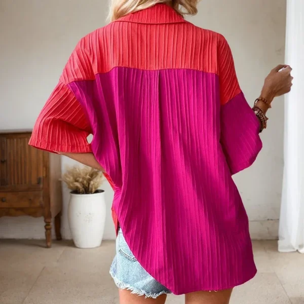 Y2K Style Contrast Color Splicing Blouses Sweet Turn Down Collar Single Breasted Pocket Short Sleeve Cardigan T-Shirts For Women - Image 3