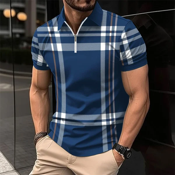Men's short-sleeved polo shirt polyester print check zipper T-shirt sports leisure loose high quality fashion men's wear ins - Image 2