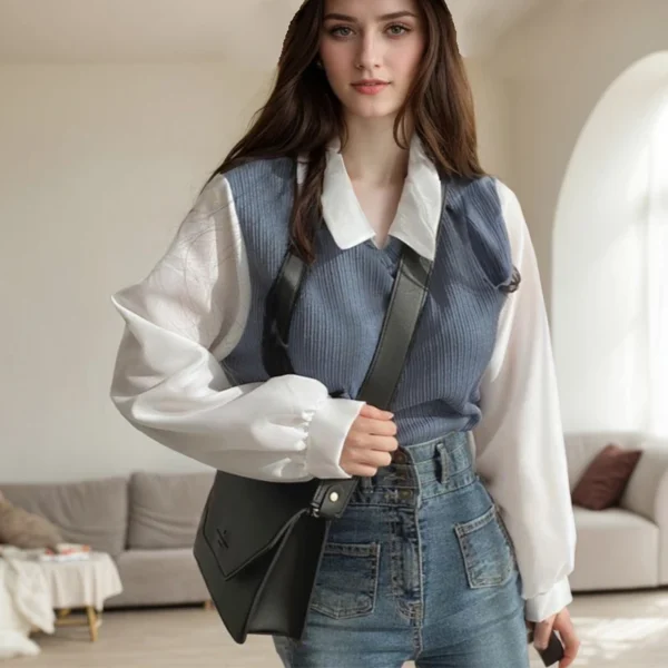 Y2k Sweet Women's T-Shirts Casual False Two-piece Patchwork Knitwear Blouse Loose Long Sleeve Turn-down Collar Pullover Blouses - Image 3