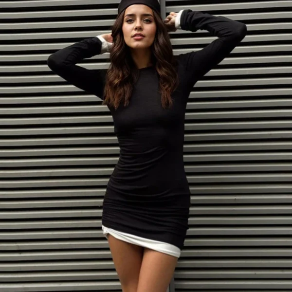 Elegant Vintage Long Sleeve Mini Dress Simple Skinny Round Neck Black and White Patchwork Slim Ruched Hip Wrap Short Dresses