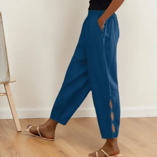 Elegant Solid Color Pants Office Commute Lady Cotton And Linen Pocket Button Decorate Trouser Legs Hollow Elastic Waist Trousers