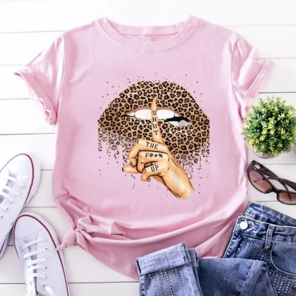 Summer Sport T-Shirt For Women Sexy Solid Color Kiss Lip Crew Neck Tops Fashion Trend Style Cartoon Print Short Sleeves T-shirts - Image 2