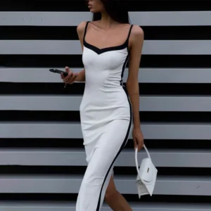 Women's Dress Elegant Sexy Bodycon Slim Black Splice Contrast Sling Back Split Pencil Dresses Fashion Party Evening Dress Female