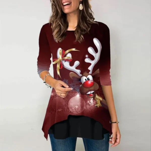 Christmas Elk Print Women T-Shirt Festival Style Solid Long Sleeve Higt Waist Slim Top Causal Slim O-Neck Elegant Fashion Shirt - Image 2