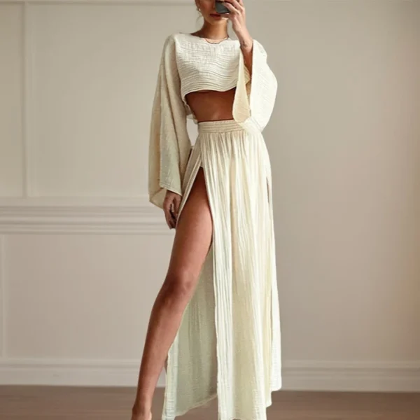 Bohemian Beach VacationTwo Piece Sets Summer New Elegant Cotton And Linen Round Neck Short Top And Split Long Dresses Suits - Image 2