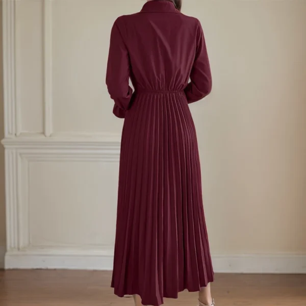 Spring Summer Long Dresses For Women Casual Solid Color Polo Collar Single-breasted Long Sleeved Waist Pleated A-LINE Dress - Image 2