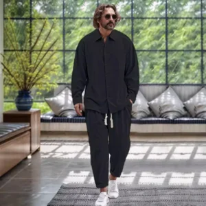2024 Spring and Autumn Europe and America cross-border men's cotton shirt casual loose long-sleeved pants two sets