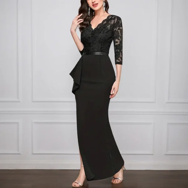 Classic Women's Gowns Vintage V-neck Floral Lace Cut-out Half Sleeve Zipper Waist-closing Asymmetrical High Side Slit Long Dress - Image 3