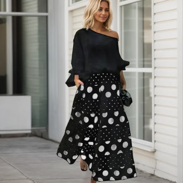 Casual Party Suit Female Summer Loose Polka Dot Printed Women Suits Fashion Slant Neck One Shoulder Bow Cuff Top Pants Sets - Image 4