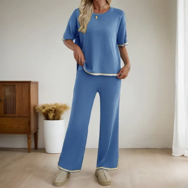 Korean Simple Solid Color Two Piece Sets For Women Casual Loose Slit Short Sleeve Tops High Waisted Wide Leg Trousers Suits - Image 3