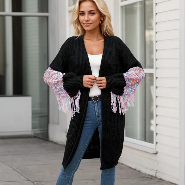 Fashion Mid-calf Length Coat Elegant V-neck Long Sleeve Multicolor Patchwork Tassel Weater Casual Loose Knit Cardigan for Autumn - Image 5