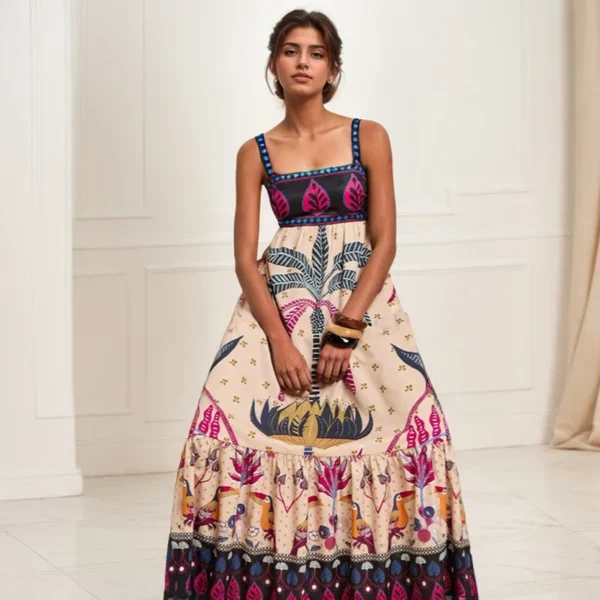 Beach Style Casual Strapless Long Dresses National Style Floral Print Sleeveless High Waist Elastic Strapless Sling Dresses - Image 4