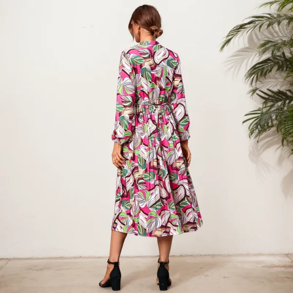 Beach Vacation Dress Women's Autumn New Casual Loose Leaf Printed Lace Up Waist Mid Length Long Sleeve Shirt Collar Dresses - Image 4