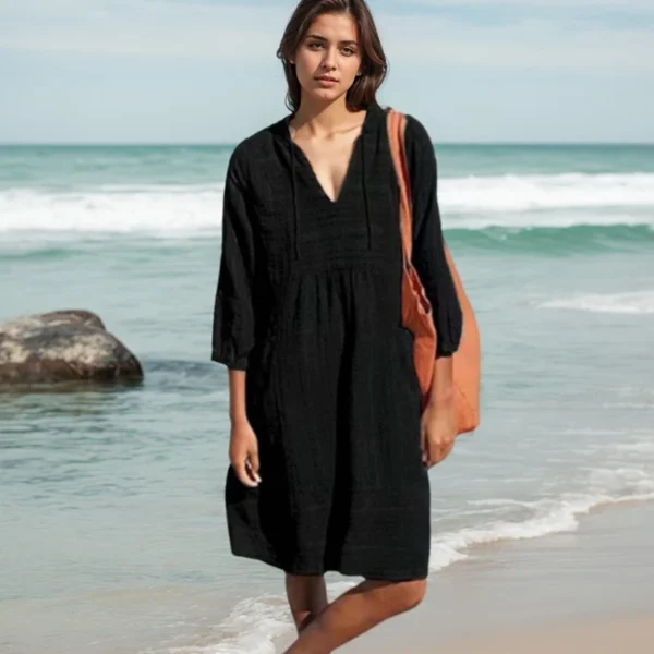 Summer Casual Dress For Women Fashion Trendy Solid Color V-neck Lace Up Three-quarter Sleeves Pocket Jacquard Cotton Linen Dress - Image 4