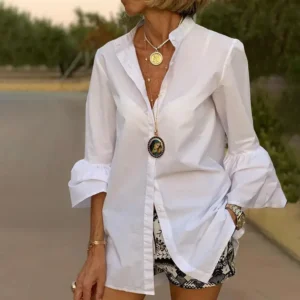 Temperament Office Solid Color Lapel Women Shirt Fashion Flare Long Sleeve Turn Down Collar V-Neck Single Breasted Elegant Shirt