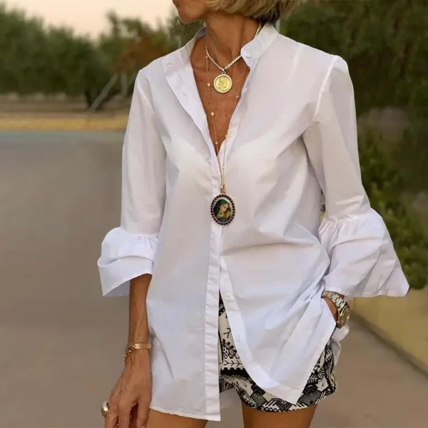 Temperament Office Solid Color Lapel Women Shirt Fashion Flare Long Sleeve Turn Down Collar V-Neck Single Breasted Elegant Shirt