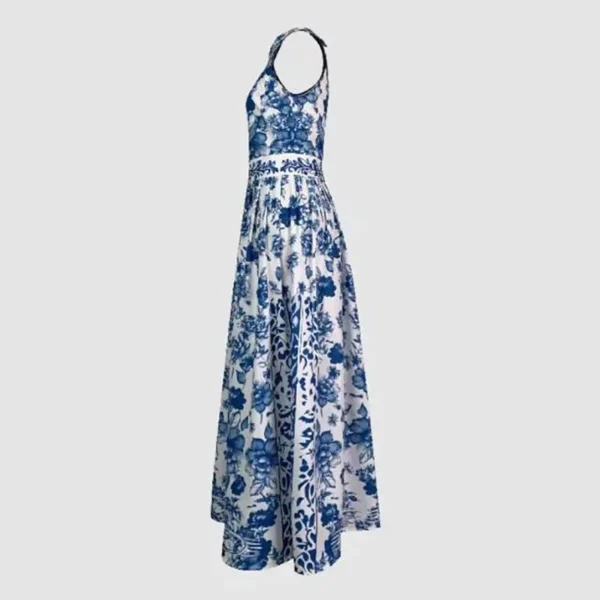 High Street Retro Blue Printed Women's Dress Fashion Floral Printed Turn-down Collar Sleeveless High Waist Slim Fit A-line Dress - Image 4