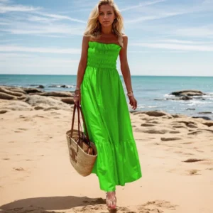 Vintage Solid Color Slim A-Line Dress Korean Style Simple Pleated Elastic Sleeveless Strapless Backless Long Dresses For Women