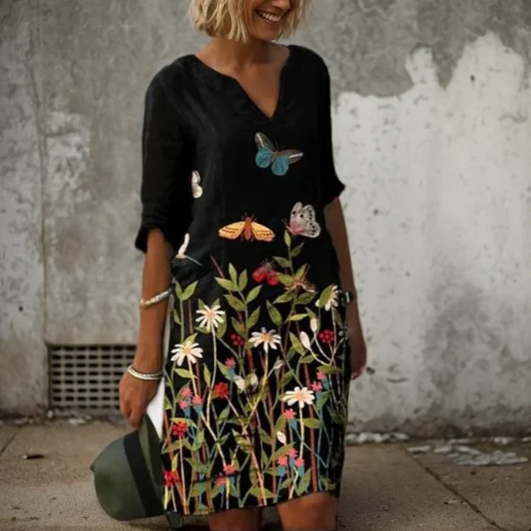 Vintage V-Neck Half Sleeve Printing Women Dress Causal Loose A-Line Knee Length Skirt 2023 Fashion New Female Sundress Vestidos - Image 4