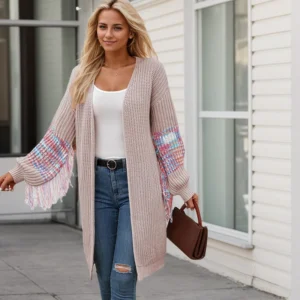Fashion Mid-calf Length Coat Elegant V-neck Long Sleeve Multicolor Patchwork Tassel Weater Casual Loose Knit Cardigan for Autumn