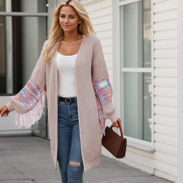 Fashion Mid-calf Length Coat Elegant V-neck Long Sleeve Multicolor Patchwork Tassel Weater Casual Loose Knit Cardigan for Autumn