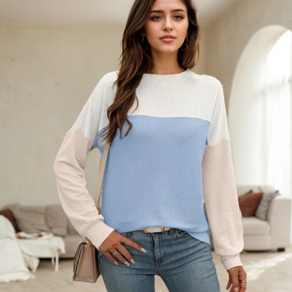 Spring Autumn Women's Tops Bohemia Stripped Knit Colorblock Round Neck Long Sleeve T-Shirt Loose Casual Daily Pullover Blouses - Image 3
