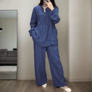 Korean Leisure Solid Color Pants Sets For Women Fashion Versatile Long Sleeve Folds Buttons Half Placket T-Shirt Trousers Suit