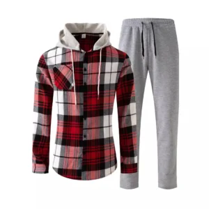 Spring and autumn new European and American men's leisure sports hooded drawstring long sleeve trousers plaid breathable shirt