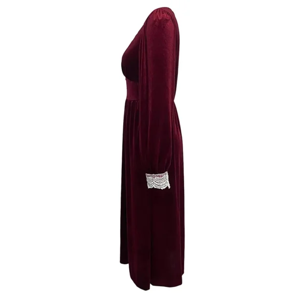 Red Christmas Women's Long Dress Elegant Lace Patchwork Contrasting V-Neck Button Decoration Long Sleeved High Waisted Dresses - Image 6