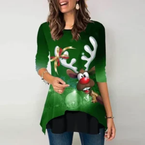 Christmas Elk Print Women T-Shirt Festival Style Solid Long Sleeve Higt Waist Slim Top Causal Slim O-Neck Elegant Fashion Shirt