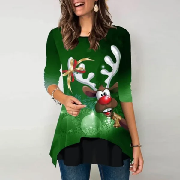Christmas Elk Print Women T-Shirt Festival Style Solid Long Sleeve Higt Waist Slim Top Causal Slim O-Neck Elegant Fashion Shirt