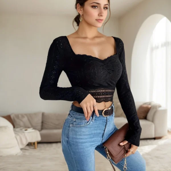 Early Autumn New Style Bottom Long Sleeve T-shirt French Sweetheart Square Collar Embroidered Perforated Pleated Bust Lace Tops - Image 2