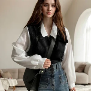 Y2k Sweet Women's T-Shirts Casual False Two-piece Patchwork Knitwear Blouse Loose Long Sleeve Turn-down Collar Pullover Blouses