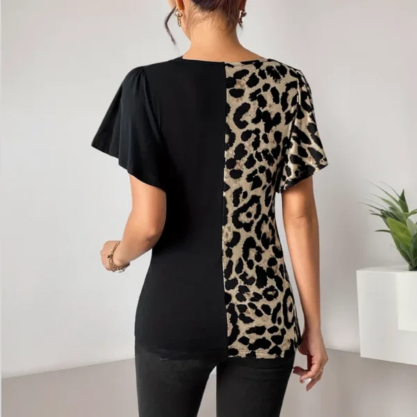 V-Neck T-Shirt For Women Summer New Irregular Stitching Pleats Waist Short Sleeve Top Fashion Streetwear Leopard 3D Print Blouse - Image 2